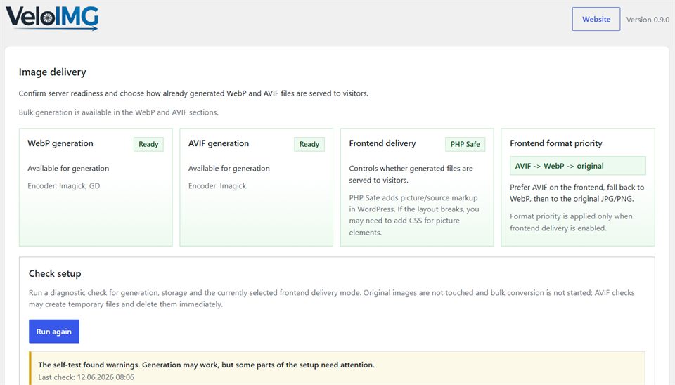 VeloIMG dashboard with WebP, AVIF and image delivery readiness