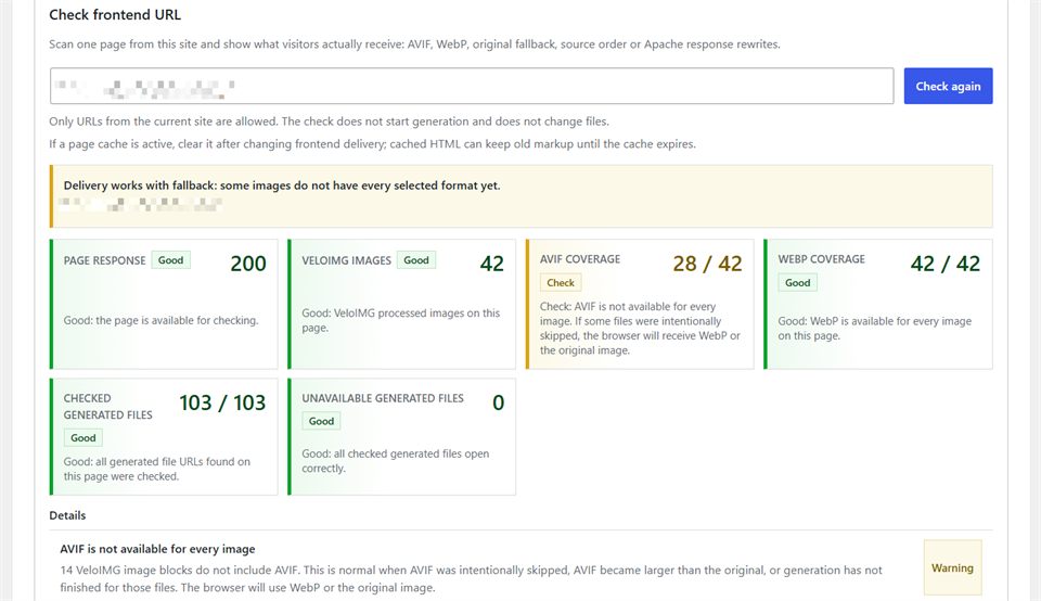 Frontend URL check with AVIF and WebP coverage metrics