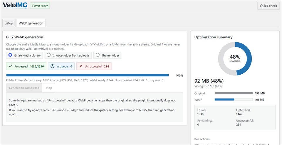 Bulk WebP generation screen with progress and optimization summary